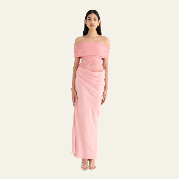 LISBON OFF-SHOULDER OVERLAPPING MESH MAXI