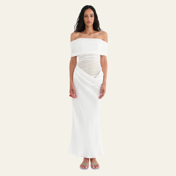 LISBON OFF-SHOULDER OVERLAPPING MESH MAXI