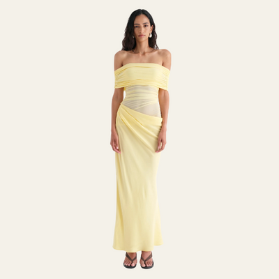 LISBON OFF-SHOULDER OVERLAPPING MESH MAXI