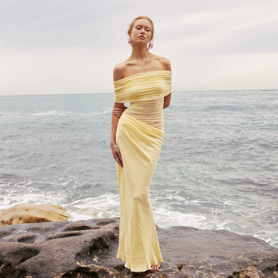 LISBON OFF-SHOULDER OVERLAPPING MESH MAXI